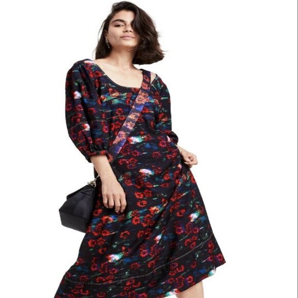 Rachel Comey x Target Maxi Dress Kodak Red Floral Puff Sleeves Size 8 - Picture 1 of 14